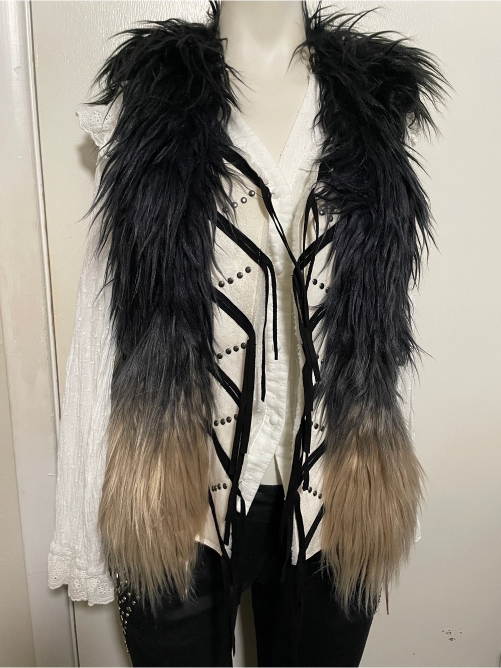 Faux Fur Ombré Vest Black to Tan festival boho power river by panhandle size s